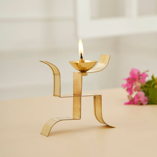 Brass Swastik Diya Oil Puja Lamp Decorative Diya for Pooja Room in Gold Antique Finished for Home Temple Pooja Articles Décor Return Gifts for House Warming Festive Gifts