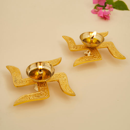 Brass Diya for Puja Room Oil Lamp Deepak Swastik Design Akhand Diya in Gold Antique Finished for Home Temple Pooja Articles Décor Return Gifts for House Warming Festive Gifts Set of 2