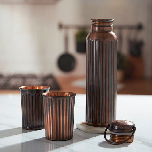Pure Copper Water Bottle with 2 Glass Leak Proof Durable Rust Proof Non-Toxic and BPA Free Bottles for Yoga Gym Trekking Office Travel Home Tamba Water Bottle (950 ml - 2 Glass 250 ml)