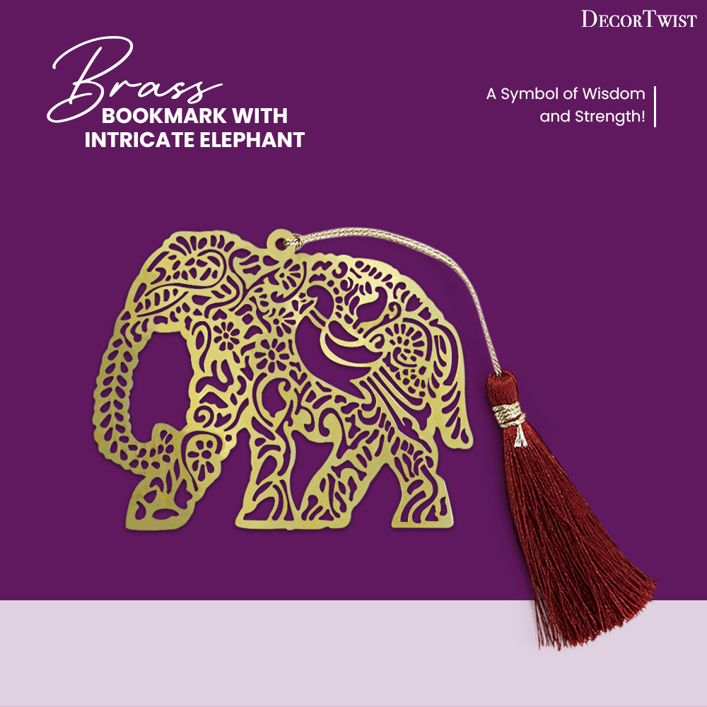Brass Bookmark with Intricate Elephant Design in Golden Finish and Tassel