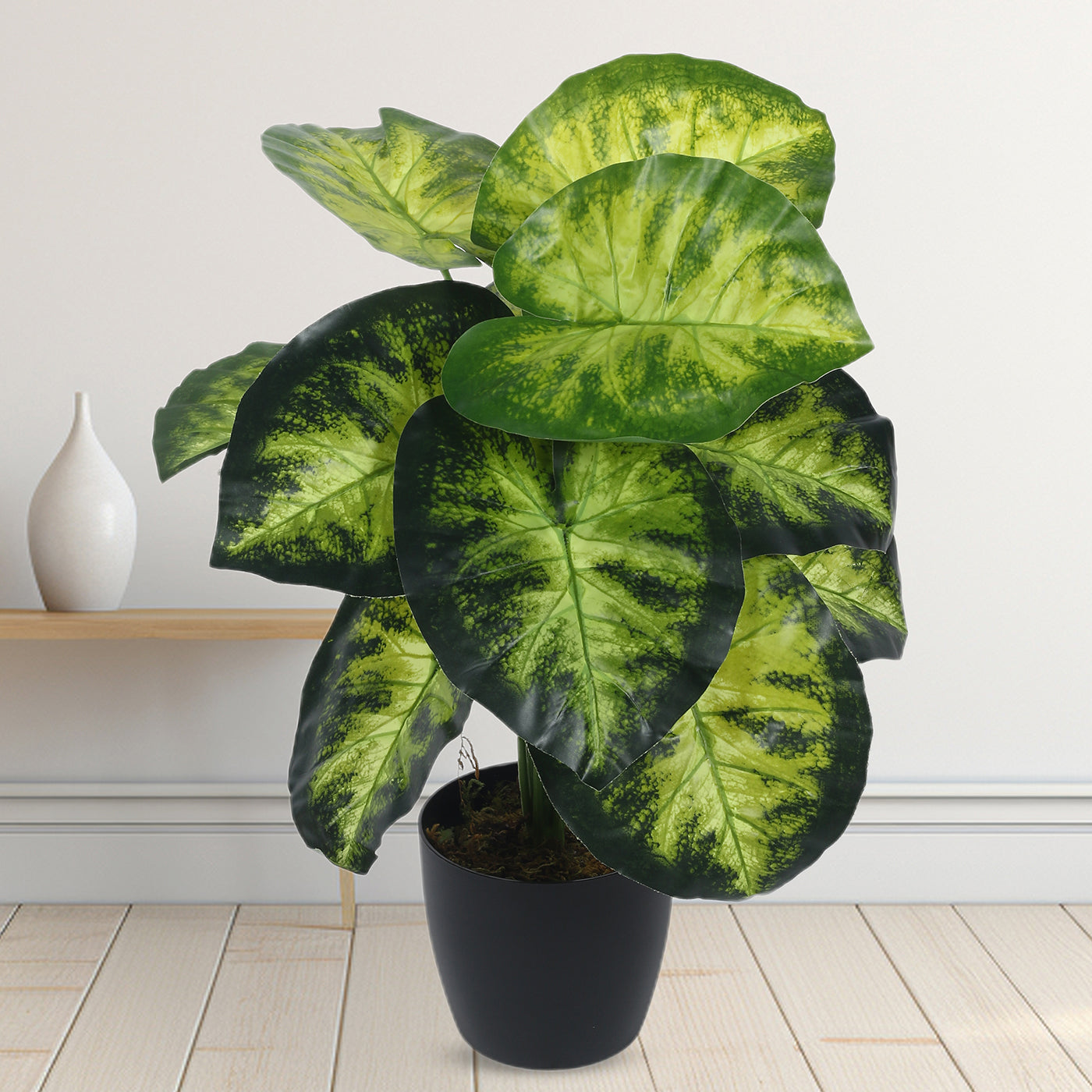 Artificial PVC Big Leaves Plants for Indoor & Outdoor with pot (12 Leaves, 55 cm Tall, Multicolor)