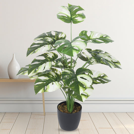 Artificial PVC Monstera Big Leaves Plants for Indoor & Outdoor with pot (18 Leaves, 70 cm Tall, Multicolor)