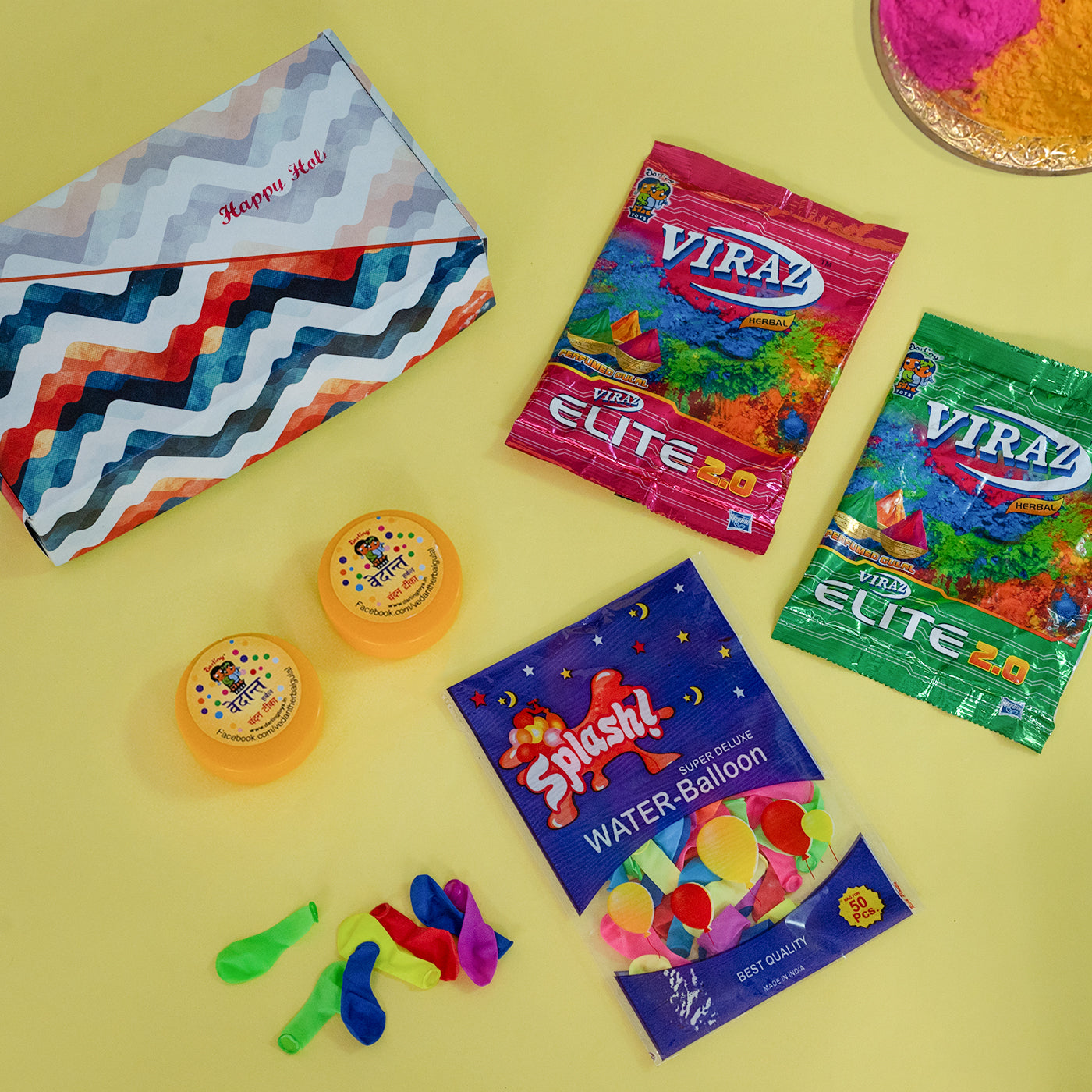 Holi Gift Hamper Herbal Gulal, Chandan, Deluxe Water Balloons Holi Gift Box