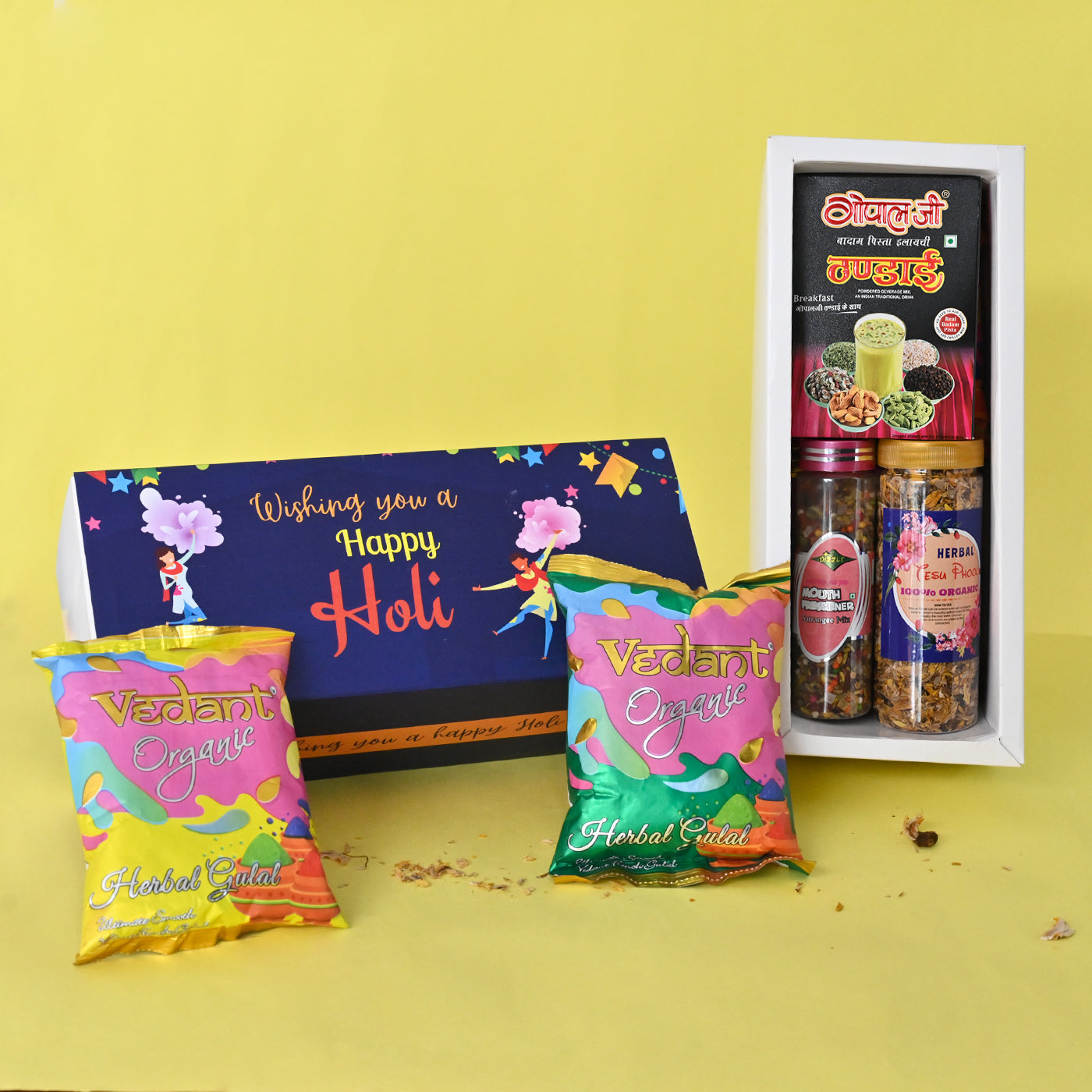 Holi Gift Hamper Organic Herbal Gulal, Tesu Flower in Bottle, Thandai, Mukhwas Holi Gift Box