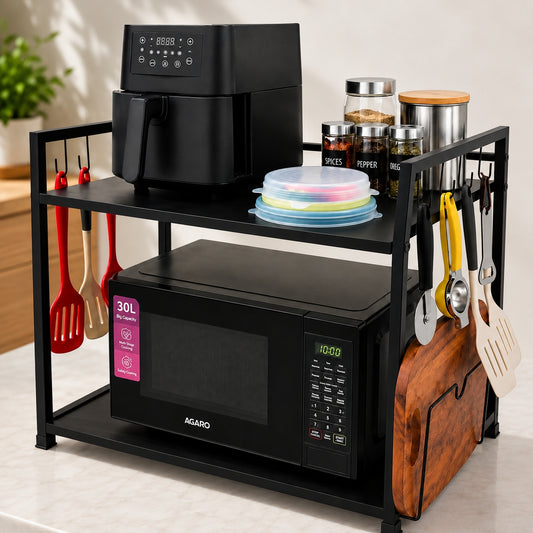 DecorTwist Microwave Stand for Kitchen Platform, Oven Stand with 8 Hooks & Chopping Board Holder, Heavy Duty Metal Storage Rack for Microwave, OTG & Air Fryer, Rust Resistant, Black