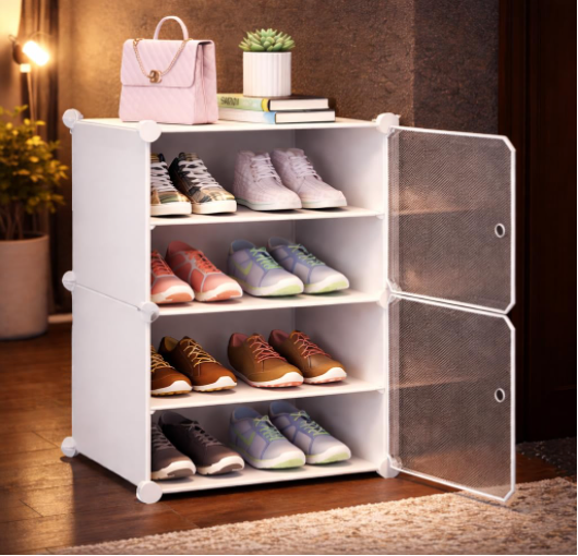 Modular Plastic Storage Cabinet with Doors | DIY Shoe Rack & Multipurpose Organizer for Home | Available in Plain & Patterned Panels (White – Plain, Double Door | 4 Shelves)