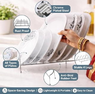 DecorTwist Stainless Steel Modular Plate Stand for Kitchen | Heavy-Duty Dish & Thali Organizer | Rust-Resistant Chrome Finish (Style 6)