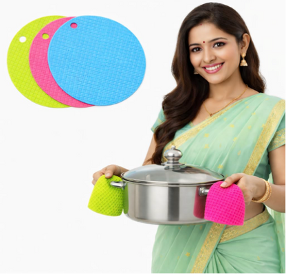 DecorTwist Multipurpose Pot Holder Dining Table Heat Protection Pads| Heat Resistant Anti-Slip Silicone Trivet Mat for Glass Table & Kitchen Countertop ( Round)