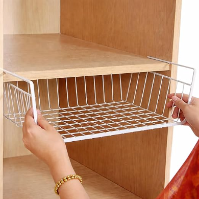 DecorTwist 16 Inch Under Shelf Storage Basket – Heavy Duty Metal Undershelf Organizer for Kitchen Cabinet, Wardrobe & Pantry | No Drill Slide-In Under Cabinet Wire Rack