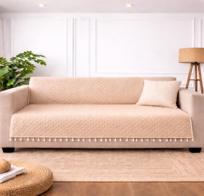 DecorTwist Premium Reversible Quilted Velvet Sofa Cover for 2 & 3 Seater | Luxury Sofa Protector with Tassels | Soft, Durable & Pet Friendly | Grey/Beige & Beige