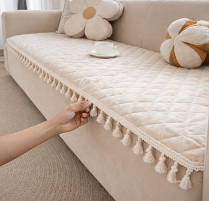 DecorTwist Premium Reversible Quilted Velvet Sofa Cover for 2 & 3 Seater | Luxury Sofa Protector with Tassels | Soft, Durable & Pet Friendly | Grey/Beige & Beige