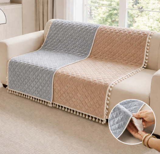 DecorTwist Premium Reversible Quilted Velvet Sofa Cover for 2 & 3 Seater | Luxury Sofa Protector with Tassels | Soft, Durable & Pet Friendly | Grey/Beige & Beige