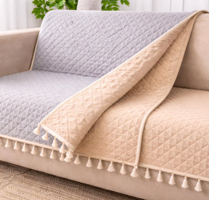 DecorTwist Premium Reversible Quilted Velvet Sofa Cover for 2 & 3 Seater | Luxury Sofa Protector with Tassels | Soft, Durable & Pet Friendly | Grey/Beige & Beige