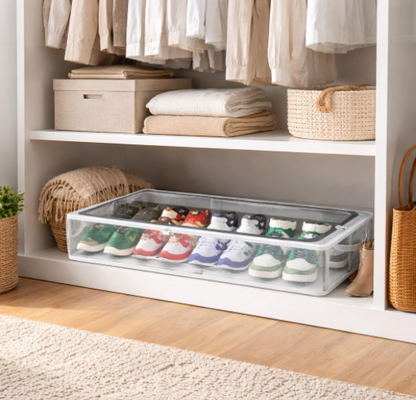 DecorTwist Transparent Shoe Storage Box for Closet & Under Bed | Foldable Dustproof Plastic Organizer for Shoes, Clothes & Blankets