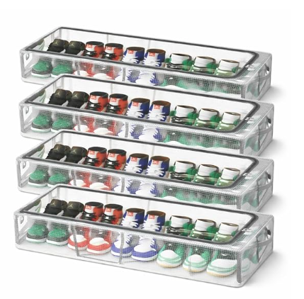 DecorTwist Transparent Shoe Storage Box for Closet & Under Bed | Foldable Dustproof Plastic Organizer for Shoes, Clothes & Blankets