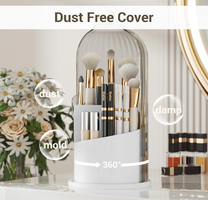360° Rotating Makeup Brush Holder with Lid | Dustproof & Waterproof Cosmetic Organizer for Vanity & Dressing Table (Transparent)