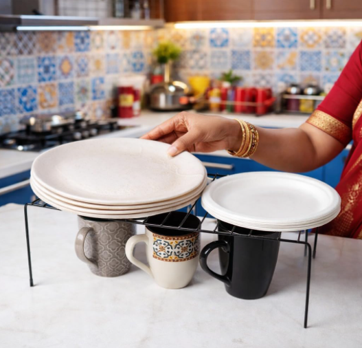 DecorTwist Stainless Steel Modular Plate Stand for Kitchen | Heavy-Duty Dish & Thali Organizer | Rust-Resistant Chrome Finish (Style 6)