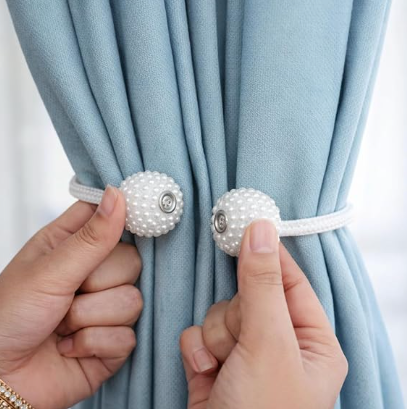 DecorTwist Magnetic Curtain Tiebacks for Windows – No Drill Curtain Hold Backs | Strong Magnets Decorative Pearl Rope | for Living Room & Bedroom Curtains (White/Grey, Set of 2/4/8)
