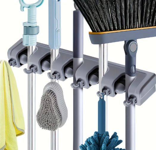 DecorTwist Wall Mounted Broom & Mop Holder with Hooks | Heavy Duty Polypropylene Cleaning Tool Organizer | Space Saving Broomstick Stand for Home, Kitchen & Bathroom