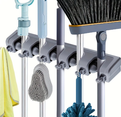 DecorTwist Wall Mounted Broom & Mop Holder with Hooks | Heavy Duty Polypropylene Cleaning Tool Organizer | Space Saving Broomstick Stand for Home, Kitchen & Bathroom