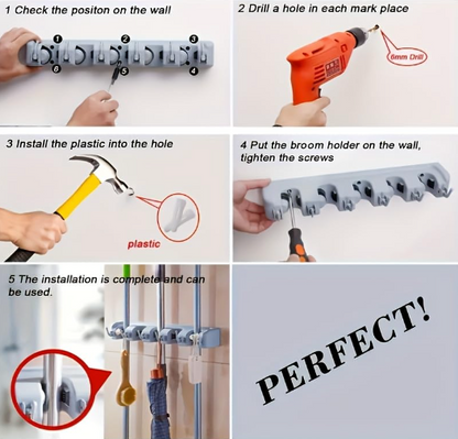 DecorTwist Wall Mounted Broom & Mop Holder with Hooks | Heavy Duty Polypropylene Cleaning Tool Organizer | Space Saving Broomstick Stand for Home, Kitchen & Bathroom