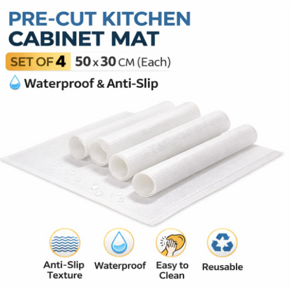DecorTwist Pre Cut Kitchen Cabinet Mat Set of 4 (50x30 cm) Waterproof Anti Slip Shelf Drawer Liner for Modular Kitchen Fridge Wardrobe Cupboard Storage Protector EVA Ready to Use Reusable White Mats