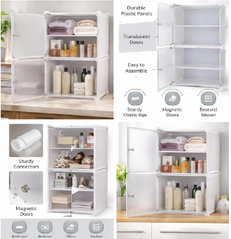 Modular Plastic Storage Cabinet with Doors | DIY Shoe Rack & Multipurpose Organizer for Home | Available in Plain & Patterned Panels (White – Plain, Double Door | 4 Shelves)