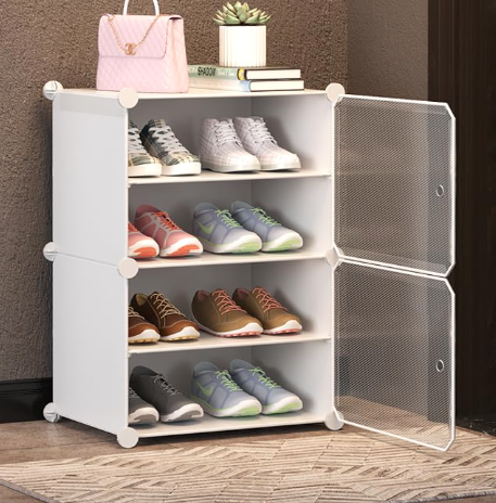Modular Plastic Storage Cabinet with Doors | DIY Shoe Rack & Multipurpose Organizer for Home | Available in Plain & Patterned Panels (White – Plain, Double Door | 4 Shelves)