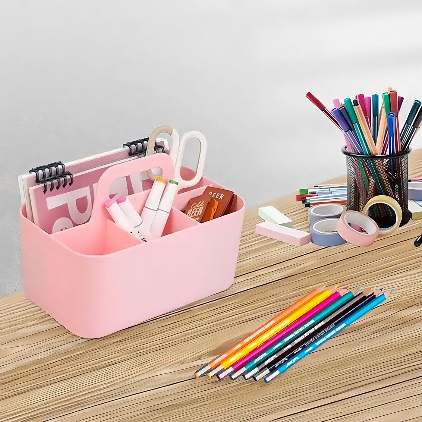 Multi-functional Plastic Desk and Bathroom Organizer 5 Compartments for Cosmetics, Pens, Pencils, and Toothpaste (Pink)