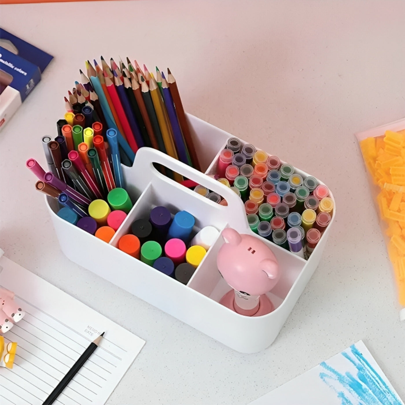 Multi-functional Plastic Desk and Bathroom Organizer 5 Compartments for Cosmetics, Pens, Pencils, and Toothpaste (White)