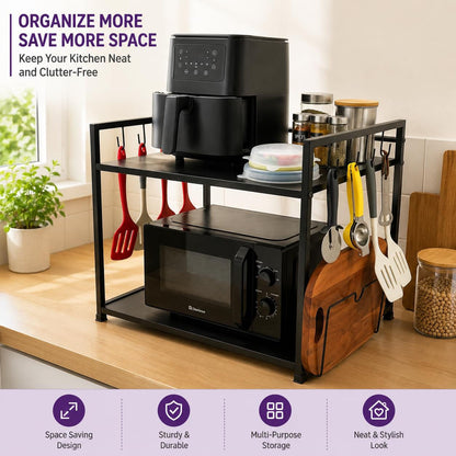 DecorTwist Microwave Stand for Kitchen Platform, Oven Stand with 8 Hooks & Chopping Board Holder, Heavy Duty Metal Storage Rack for Microwave, OTG & Air Fryer, Rust Resistant, Black