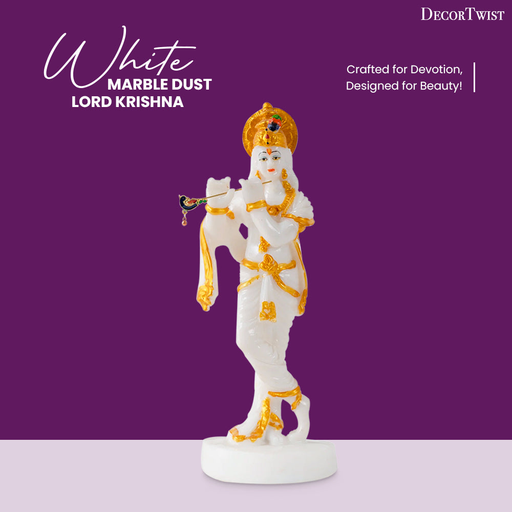 White Marble Dust Lord Krishna with Flute Idol Statue - White and GOLD