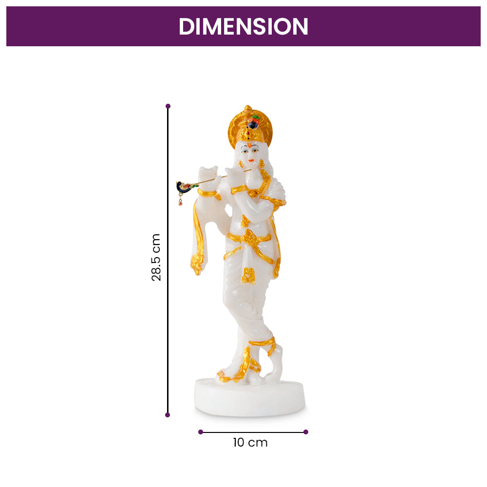 White Marble Dust Lord Krishna with Flute Idol Statue - White and GOLD