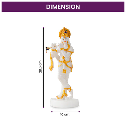 White Marble Dust Lord Krishna with Flute Idol Statue - White and GOLD
