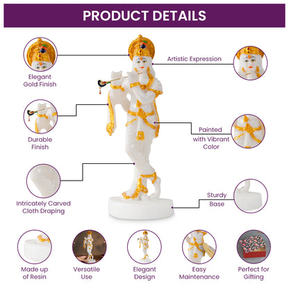 White Marble Dust Lord Krishna with Flute Idol Statue - White and GOLD