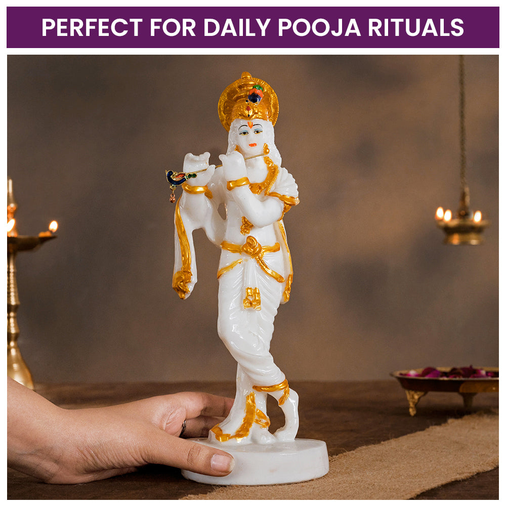 White Marble Dust Lord Krishna with Flute Idol Statue - White and GOLD