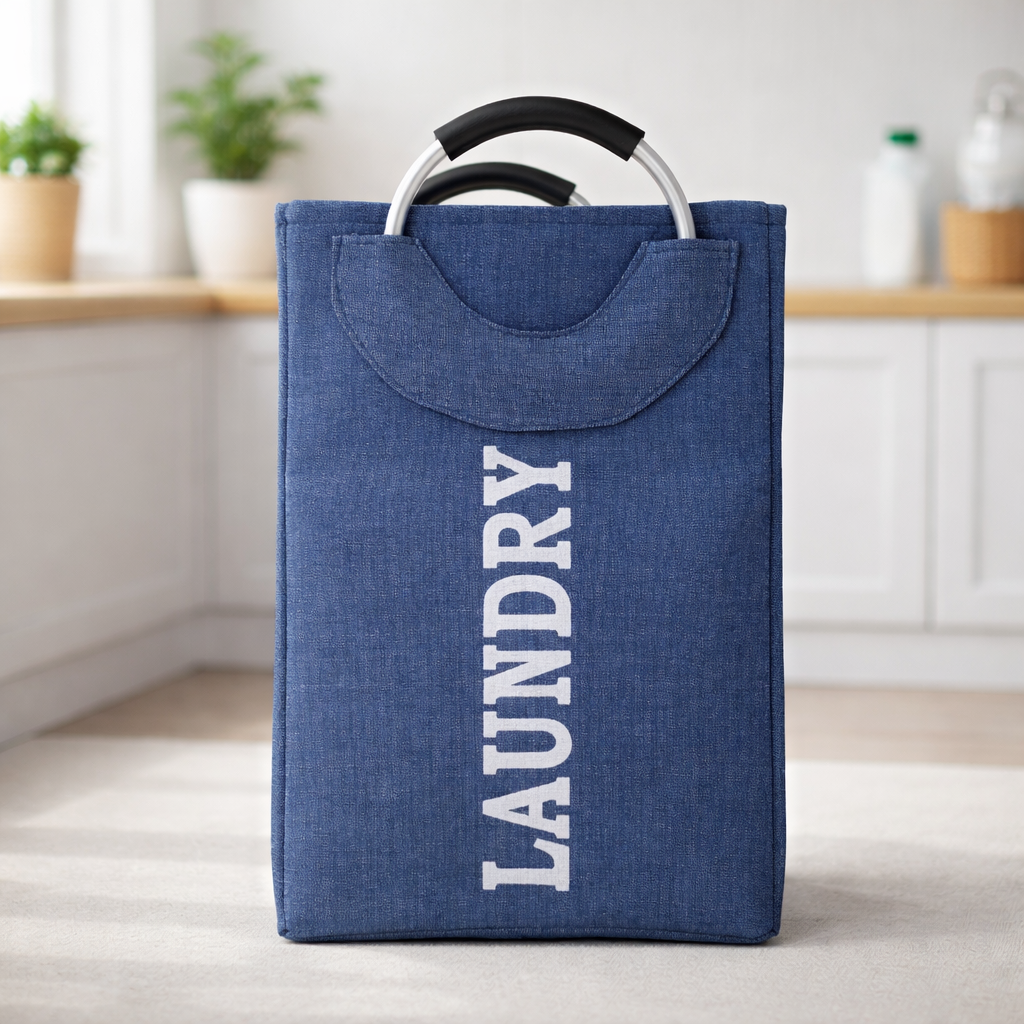 DecorTwist Structured Laundry Basket with Metal Handles | Large Fabric Laundry Carry Basket for Clothes, Toys & Storage (Blue | Metal Handle)