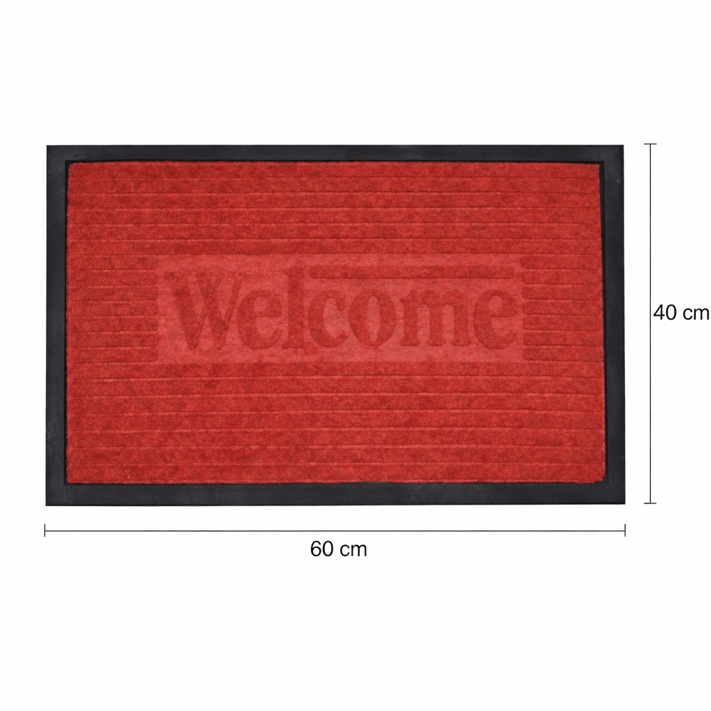 red doormat with 'Welcome' text and dimensions on a white background