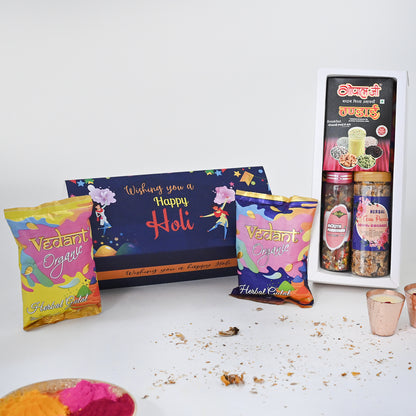 Holi Gift Hamper Organic Herbal Gulal, Tesu Flower in Bottle, Thandai, Mukhwas Holi Gift Box