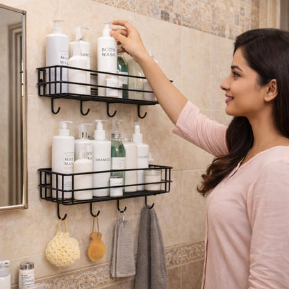 DecorTwist Bathroom Shelf Without Drill | Self Adhesive Wall Organizer | Rust-Proof Metal | Waterproof Rack for Shampoo Soap Toiletries | Kitchen Laundry Storage | 28x9x9 cm (Pack of 2)