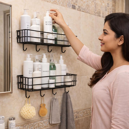 DecorTwist Bathroom Shelf Without Drill | Self Adhesive Wall Organizer | Rust-Proof Metal | Waterproof Rack for Shampoo Soap Toiletries | Kitchen Laundry Storage | 28x9x9 cm (Pack of 2)