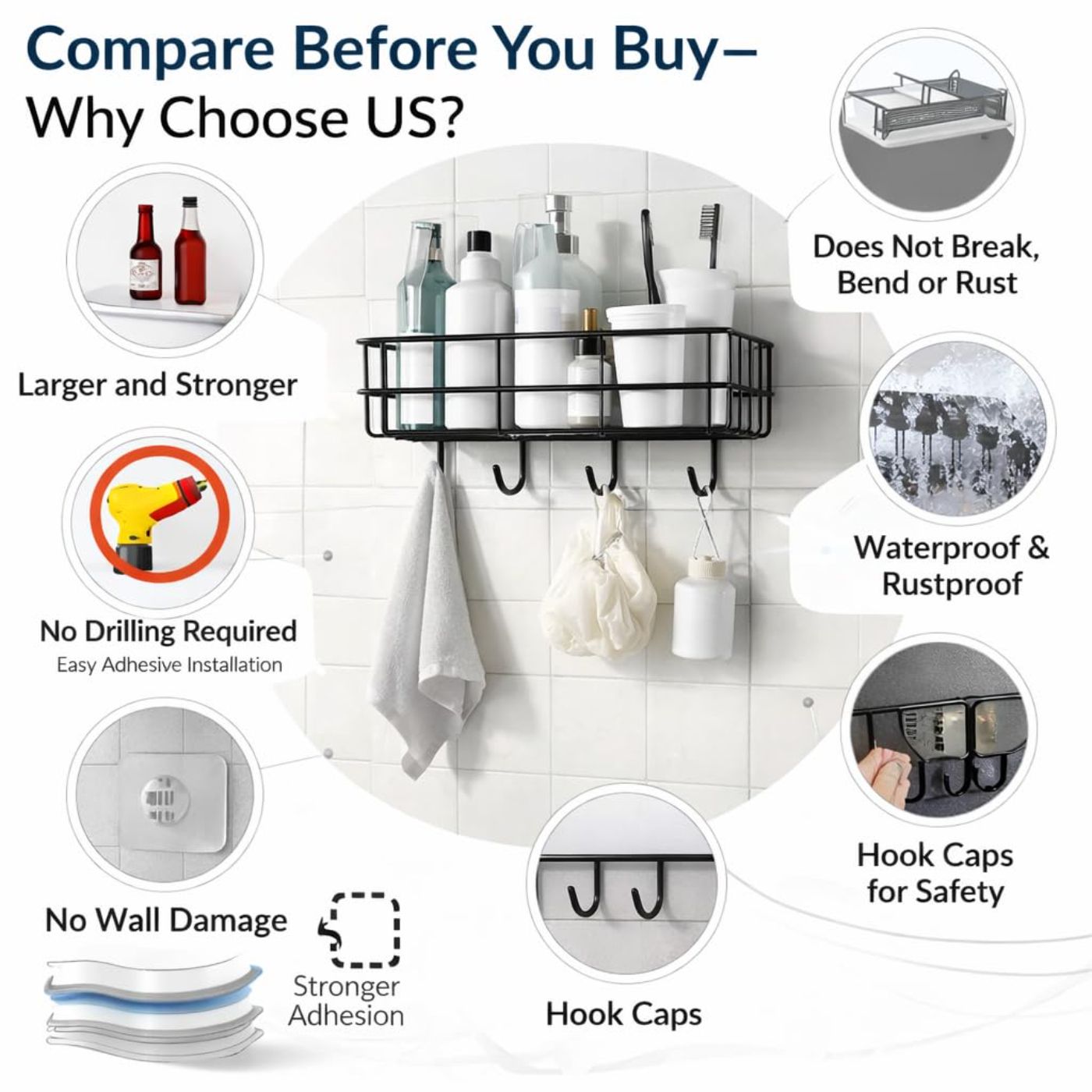 DecorTwist Bathroom Shelf Without Drill | Self Adhesive Wall Organizer | Rust-Proof Metal | Waterproof Rack for Shampoo Soap Toiletries | Kitchen Laundry Storage | 28x9x9 cm (Pack of 2)
