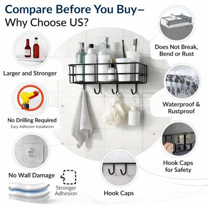 DecorTwist Bathroom Shelf Without Drill | Self Adhesive Wall Organizer | Rust-Proof Metal | Waterproof Rack for Shampoo Soap Toiletries | Kitchen Laundry Storage | 28x9x9 cm (Pack of 2)
