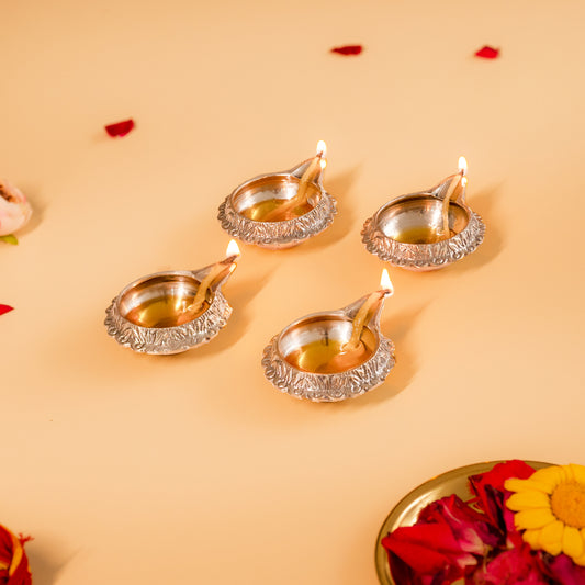 Medium Size Set Of 4 Kuber Brass Aarti Diya for Home,Temples, Festive Gifts