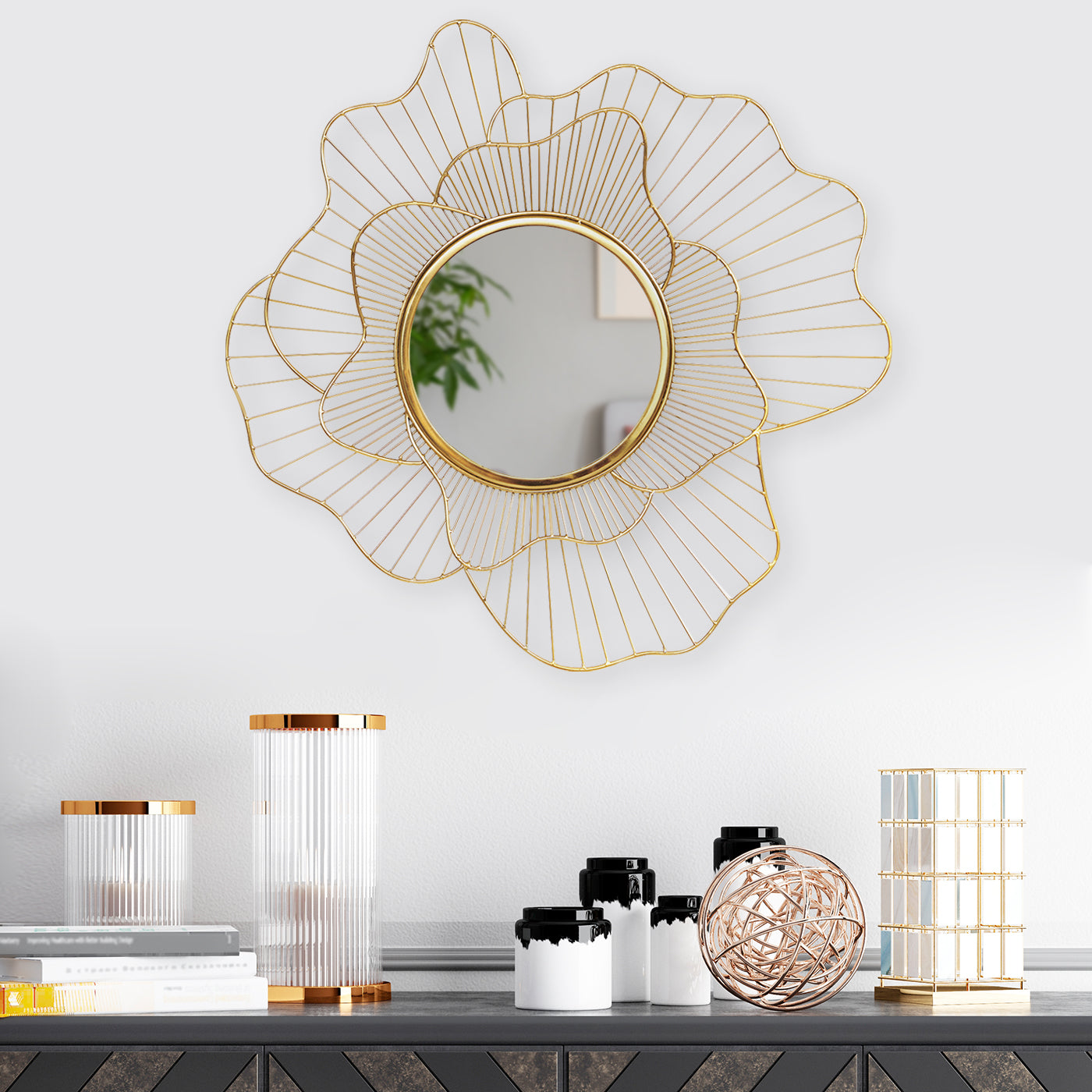 Orchid Design Decorative Metal Wall Mirror- Gold