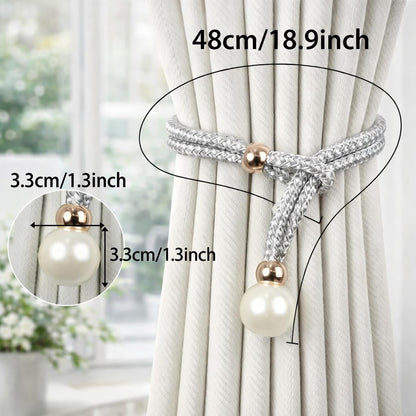 DecorTwist Magnetic Curtain Tiebacks for Windows – No Drill Curtain Hold Backs | Strong Magnets Decorative Pearl Rope | for Living Room & Bedroom Curtains (White/Grey, Set of 2/4/8)