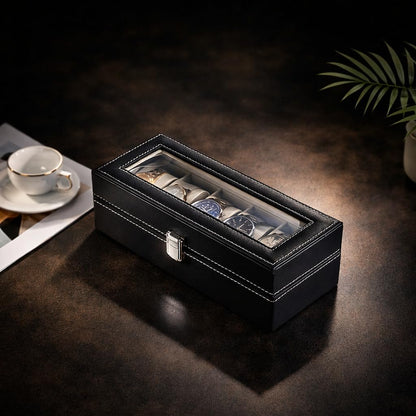 DecorTwist Premium Watch Storage Box Watch Case Organizer PU Leather, Velvet Interior, Transparent Lid (6 Slots)