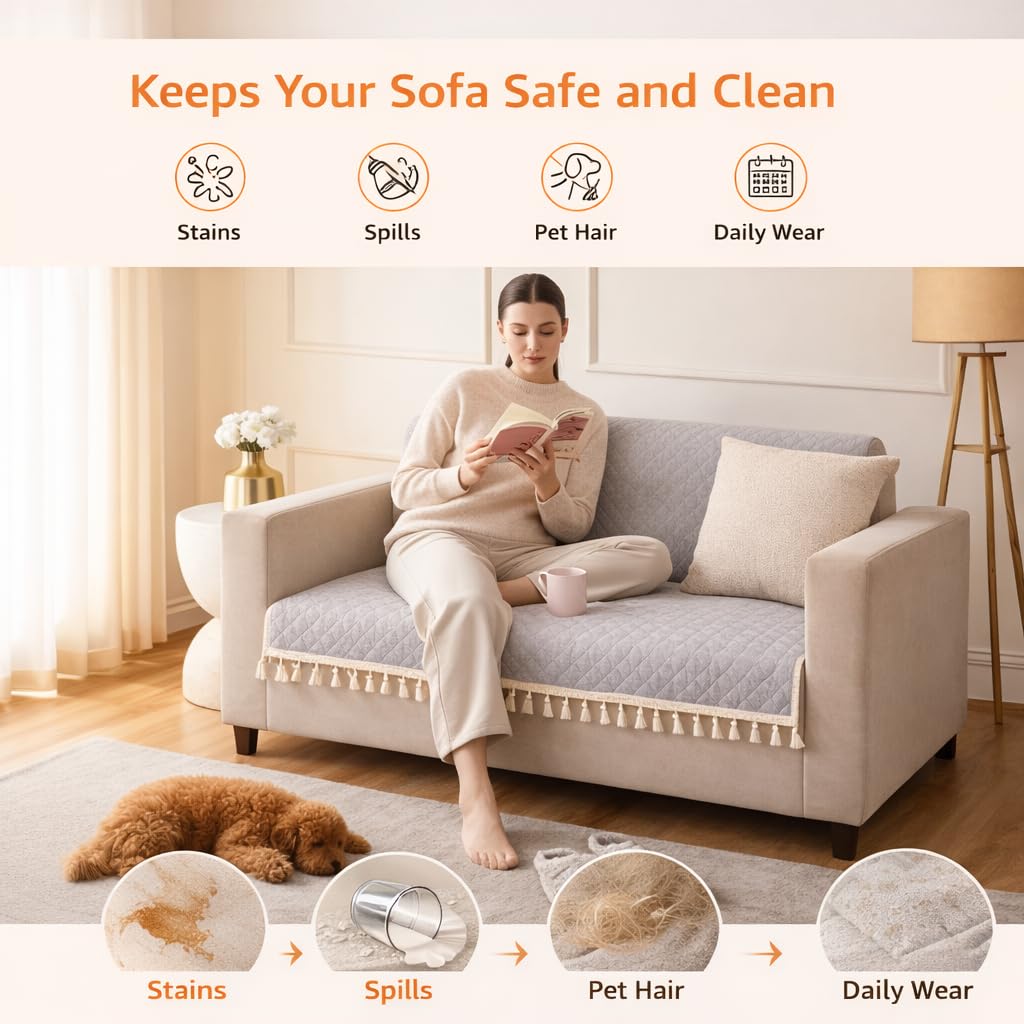DecorTwist Premium Reversible Quilted Velvet Sofa Cover for 2 & 3 Seater | Luxury Sofa Protector with Tassels | Soft, Durable & Pet Friendly | Grey/Beige & Beige