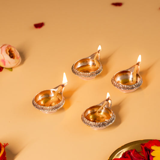 Small Size Set Of 4 Kuber Brass Aarti Diya for Home,Temples, Festive Gifts