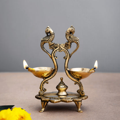 Peacock Design Twin Oil Wick Brass Diya With Gift Box